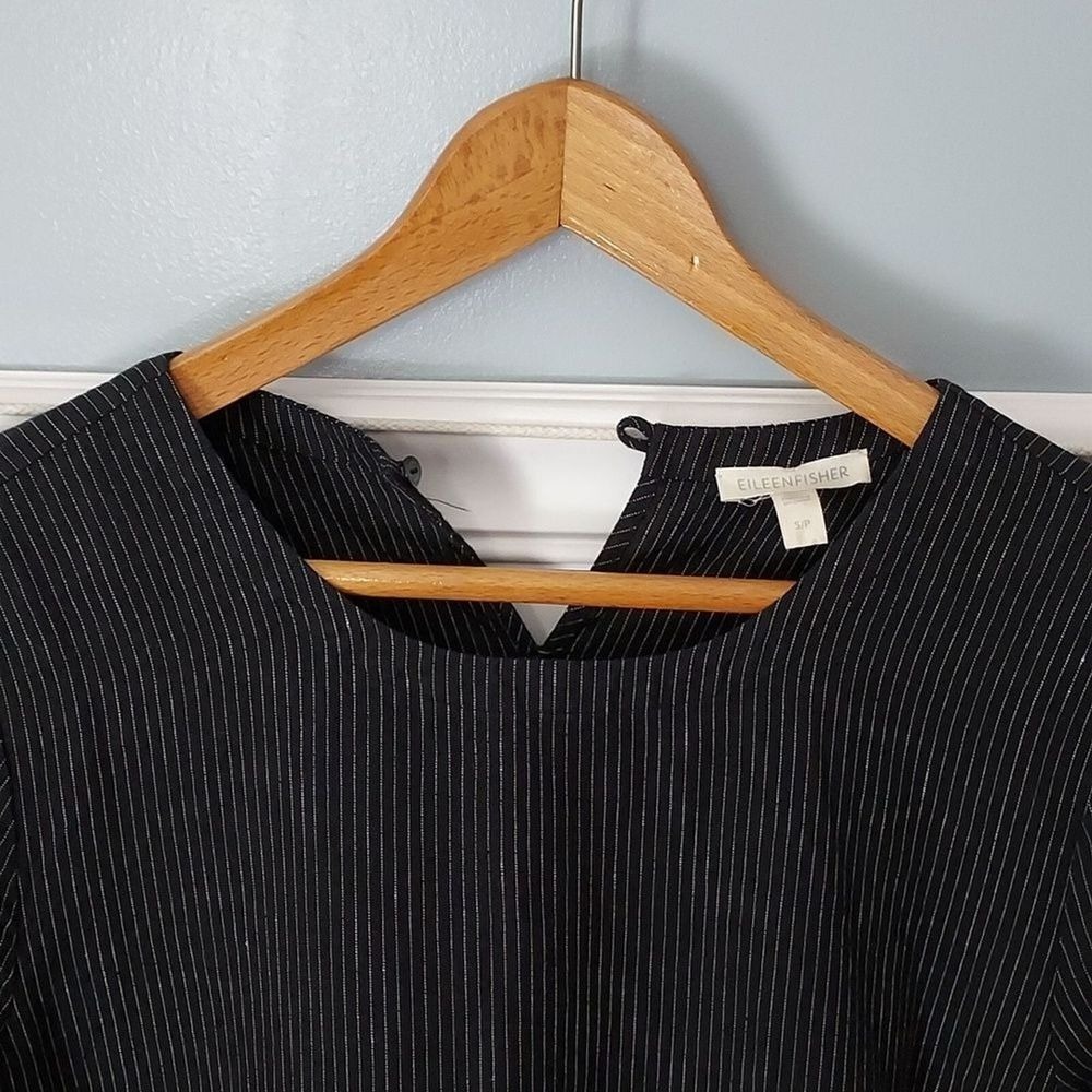 Eileen Fisher Sz S Organic Linen Dress Pinstripe Black White Boxy Pullover Shift